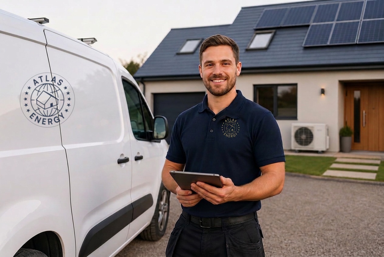 Atlas Energy technician beside a branded van in front of a home with solar panels and a heat pump