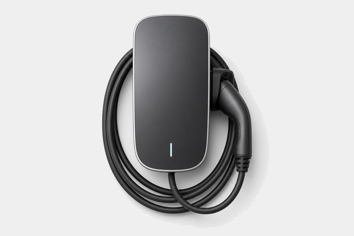 Graphite grey home EV charge point photographed on a neutral studio background
