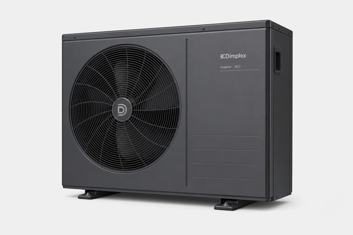 Modern air source heat pump unit photographed on a neutral studio background