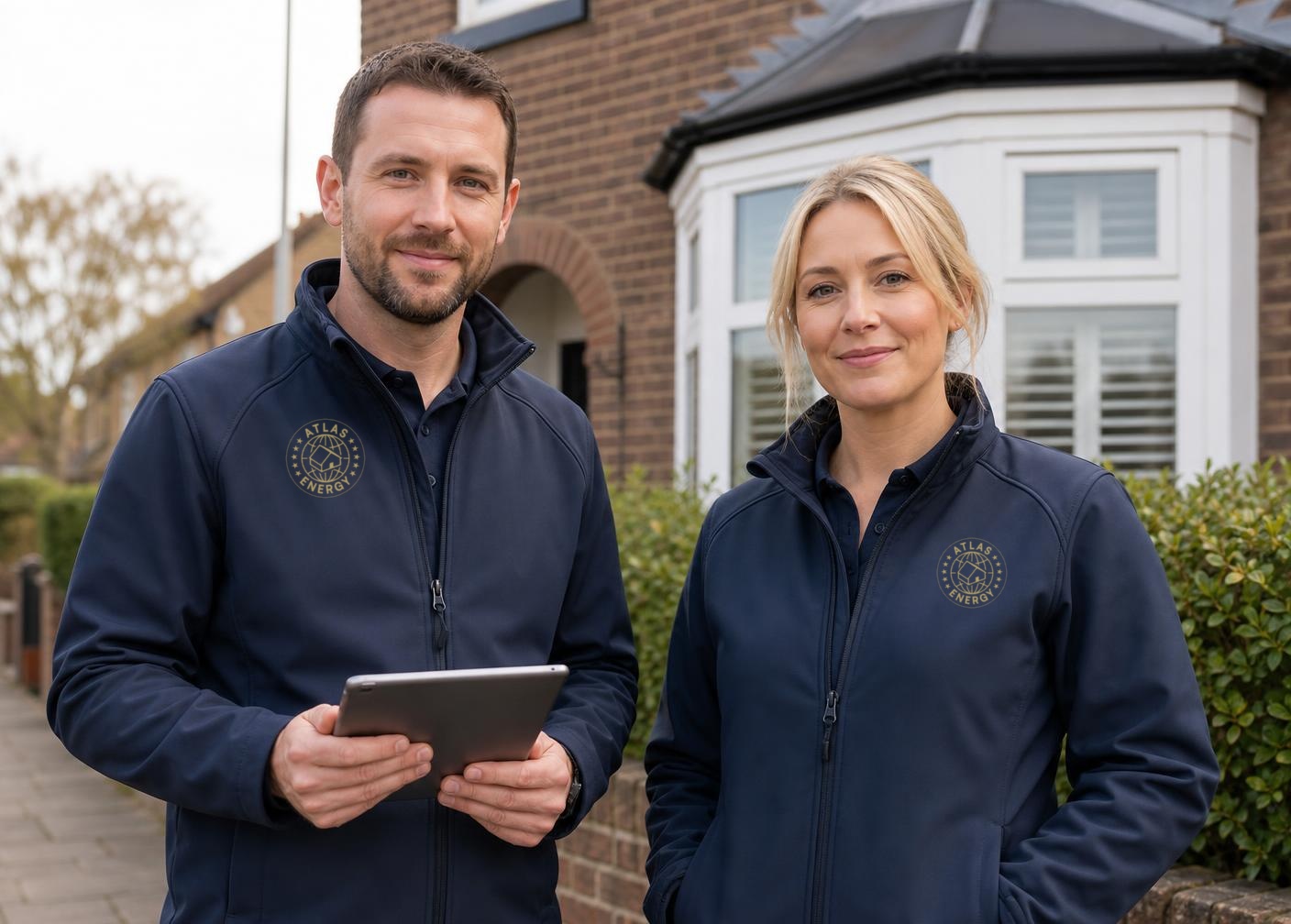 Two friendly Atlas Energy assessors, a man and a woman in navy jackets with the gold Atlas crest, standing outside a UK home